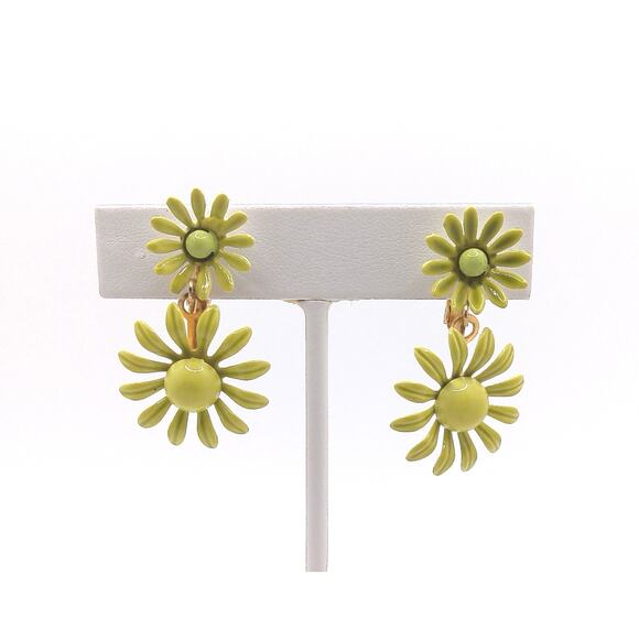 Green Enamel Flower Dangle Earrings - Picture 1 of 6
